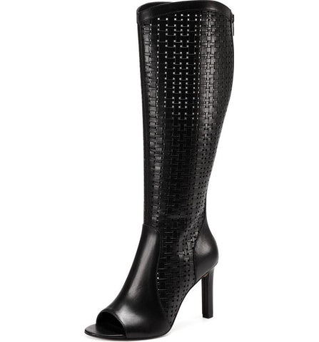 Vince Camuto Shelrica Black Open Peep Toe Woven Shaft Knee High Open Toe Boot