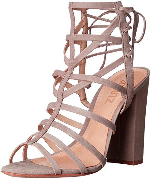 Schutz Loriana Oyster Nude Taupe Caged Strappy Chunky Block Heel Dress Sandals
