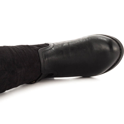 Caliente PartyBus Black Vegan Leather Suede Stacked Heel Over The Knee Boots