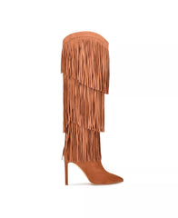 Nine West Tasels Cognac Pointed Toe Stiletto Heel Fringe Western Knee High Boots