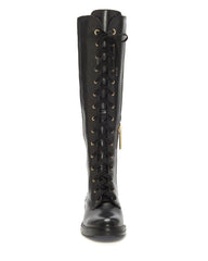 Louise et Cie Voshell Black Leather Tall Lace-Up Round Toe Combat Knee High Boots