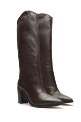Schutz Maryana Block Chain Umber Pull On Pointed Toe Block Mid Heel Tall Boots
