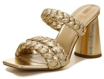 Sam Edelman Kendra Gold Leaf Leather Block Heel Squared Open Toe Slip On Mules
