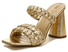 Sam Edelman Kendra Gold Leaf Leather Block Heel Squared Open Toe Slip On Mules