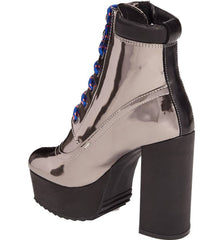 Shellys London Evan Pewter Multi Lace Up Chunky Platform Hi Chunky Heel Boots