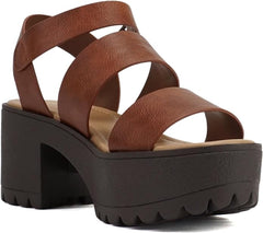 Soda Account Cognac Pu Ankle Strap Rounded Open Toe Strappy Block Heeled Sandals