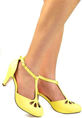 Chase & Chloe Kimmy-36 Teardrop T-Strap Mid Heel Pumps Yellow Pu