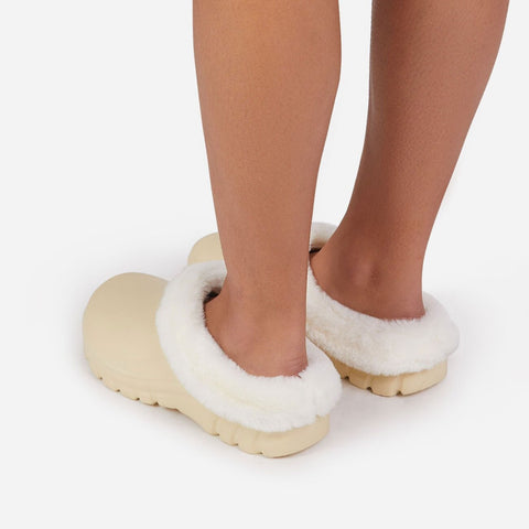 Luxemoda Women's Muffin Fluffy Faux Fur Trim Flat Rubber Mule Waterproof Slipper
