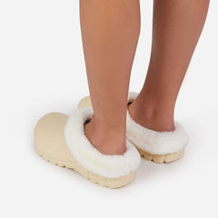 Luxemoda Women's Muffin Fluffy Faux Fur Trim Flat Rubber Mule Waterproof Slipper