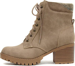 Soda Single Light Taupe Lug Sole Chunky Heel Lace Up Platform Combat Wide Boots