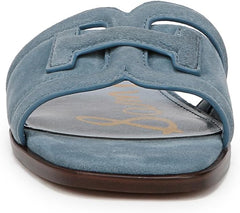Sam Edelman Irina Dark Coastal Blue Leather Squared Open Toe Flat Slides Sandals