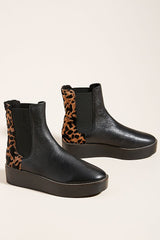 Kelsi Dagger Forest Black Leather Leopard Back Wedge Platform Flatform Booties