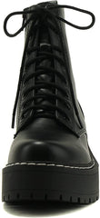 Soda Fling Black Pu Lace Up Chunky Lug Sole Rounded Toe Combat Ankle Boots