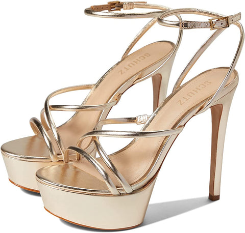 Schutz Zilla Gold Strappy Platform High Heel Metallic Dress Fornal Sandals Pumps
