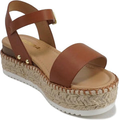 Soda Clip Tan Pu (Whipped Stitch) Open Toe Ankle Strap Espadrille Sandals
