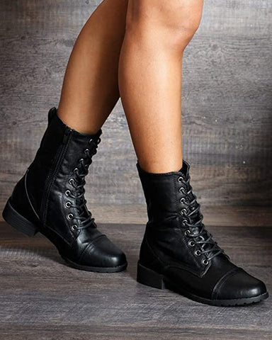 Forever Link Jalen-88 Black Round Toe Military Lace up Combat Boots