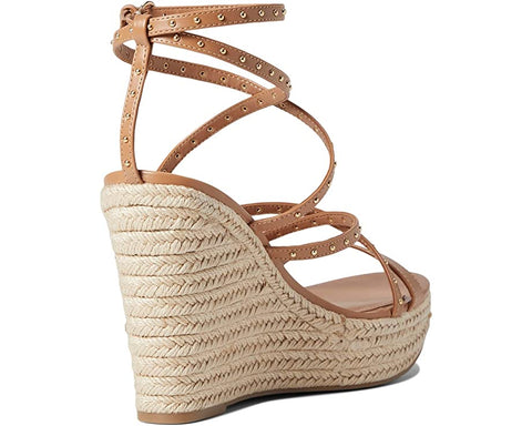 Nine West Hunda 3 Light Tan Rounded Open Toe Buckle Closure Wedge Heeled Sandals