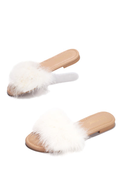 Cape Robbin Sandals-1 White Fur Slip On Feathers Flat Slide Mule Sandals