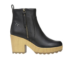 Dr Scholl's Win Over Black Leather Block Heel Wood Platform Clog Ankle Boots
