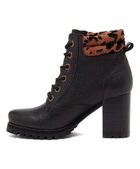 Kelsi Dagger Trek Black/Leopard Lace Up Combat Leather Block Heel Ankle Booties