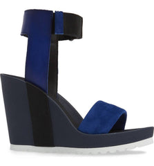 Shellys London Kayleigh Blue Multi Suede Ankle Strap Platform Retro Wedge Sandal