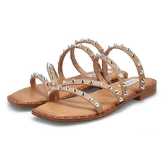 Steve Madden Selina Tan Squared Open Toe Spike Detailed Slip On Flats Sandals