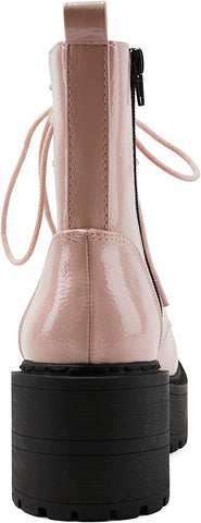 Soda Fling Blush Crk Patent Lace Up Chunky Lug Sole Round Toe Combat Ankle Boots