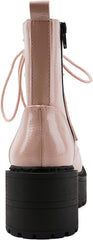 Soda Fling Blush Crk Patent Lace Up Chunky Lug Sole Round Toe Combat Ankle Boots