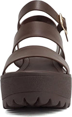 Soda Account Brown Pu Ankle Strap Round Open Toe Strappy Block Heeled Sandals