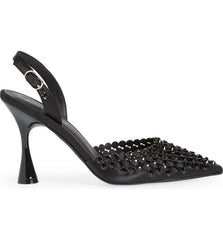 Jeffrey Campbell Shiner Black Satin Black Slingback Rhinestone Pointed Toe Pumps