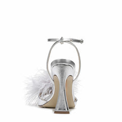 Sam Edelman Leon Silver Feather Pom Pom Detail Ankle Strap High Heel Sandals