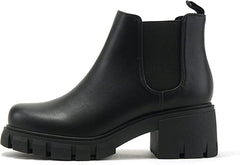 Soda Pioneer Black Lug Sole Mid Heel Gore Chelsea Fashion Ankle Elastic Booties