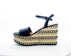 Schutz Lohane Black Espadrille Leather Vamp Ankle Strap Platform Wedge Sandal