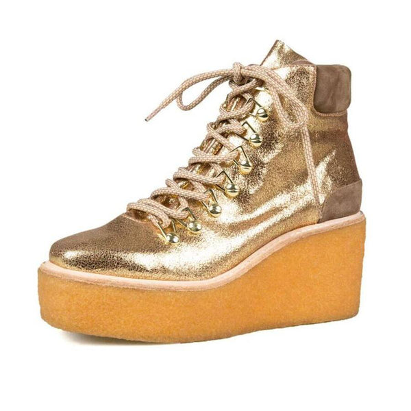 Cecelia New York HELGA Wedge Bootie Gold Lace up Wedge Platform Ankle Booties