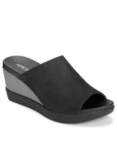 Aerosoles Blond Black Nubuck Covered Platform Wedge Slip On Slide Sandals
