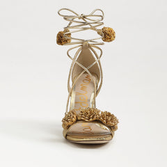 Sam Edelman Leela Gold Leather Squared Open Toe Tie Up Stiletto Heeled Sandals
