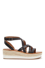 Lucky Brand Jasmei Black Leather Espadrille Platform Caged Ankle Wedge Sandals