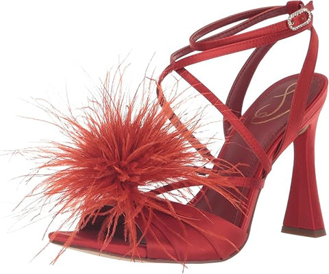 Sam Edelman Layton Red Mahogany Ankle Strap Spool Heeled Feather Detailed Sandals