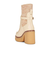 Sam Edelman Sidney Eggshell Leather Pull On Rounded Toe Ribbed Knit Fabric Boots