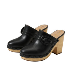 Sam Edelman Nyla Black Leather Rounded Toe Slip On Block Heel Clog Mules