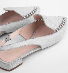 Cecelia New York Cleo White Silver Elasticized Slingback Pointed Toe Flats Shoes