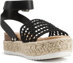 Soda Topics Black Pu Espadrille Platform Ankle Strap Studded Platform Sandals
