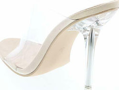 Cape Robbin Allure Lucite Clear PVC Mules Open Toe Stiletto Heel Pumps Nude