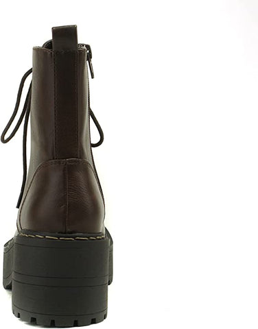 Soda Fling Brown Pu Lace Up Chunky Lug Sole Rounded Toe Wide Combat Ankle Boots
