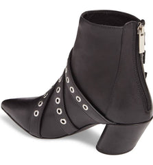 Shellys London Frasier Black Leather Grommet Buckle Strap Angled Block Heel Boot