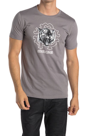 Roberto Cavalli Tiger Graphic Crew Neck Cotton T-Shirt GREY HST618A47504936