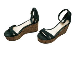 Cecelia New York Bella Black/Leopard Ankle Buckle Strap Platform Wedge Sandals