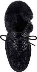 Jessica Simpson Deliah Fur Cuff Rhinestone Lace-Up Lug Sole Combat Bootie Black