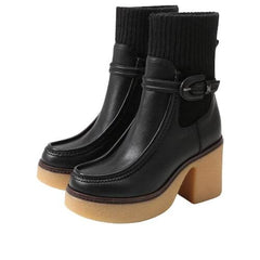 Sam Edelman Sidney Black Leather Pull On Rounded Toe Ribbed Knit Fabric Boots