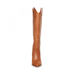 Steve Madden Lasso Cognac Pull On Stacked Block Heel Pointed Toe Knee High Boots